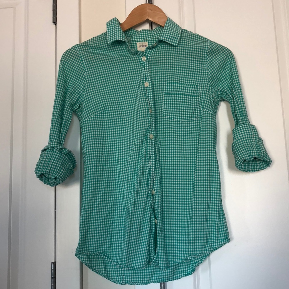 J Crew Green Gingham Button Down Sz XS